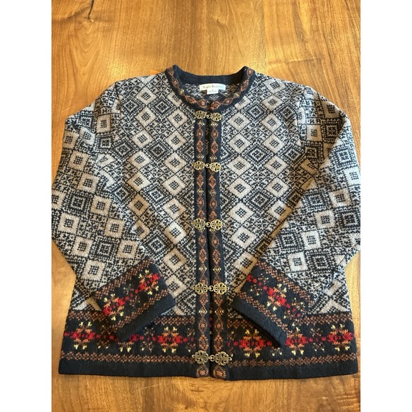 Susan Bristol Sweaters - VTG Susan Bristol Cardigan Sweater 100% Wool Metal Nordic Fair Isle Knit Small
